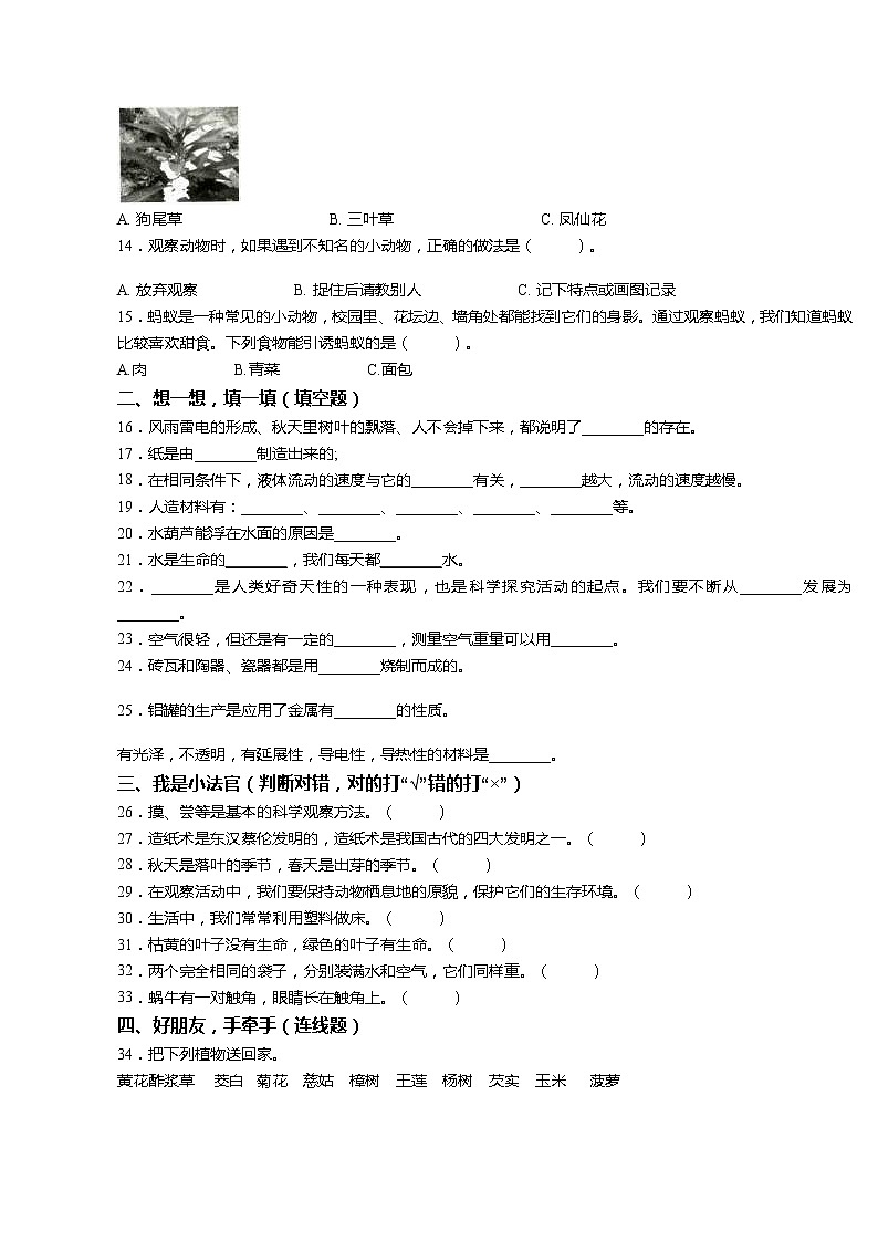 三年级上科学期末试题三年级上册科学试题-【真题】2018-2019年期末模拟复习题 教科版（无答案）_教科版（2017秋）02