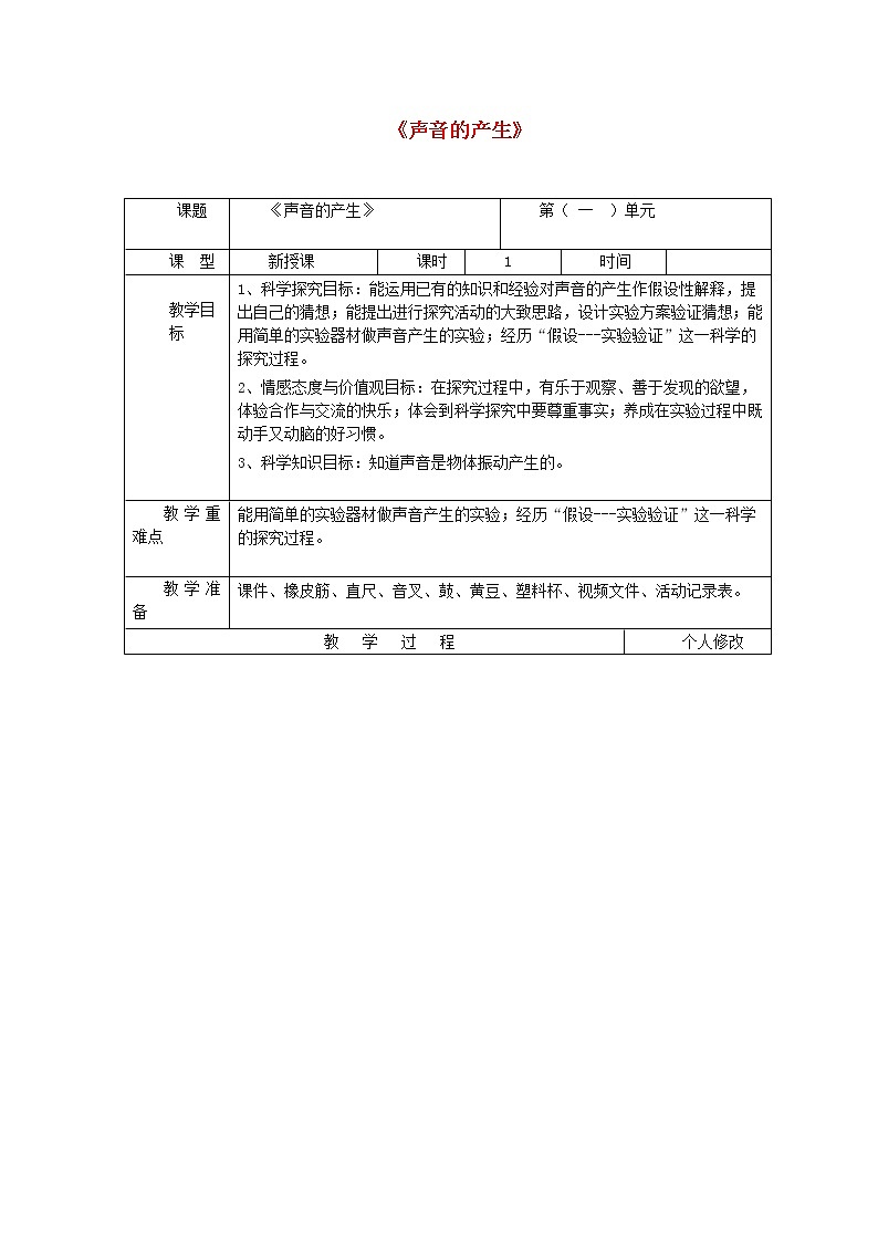五年级科学上册第二单元声音的秘密7声音的产生教案青岛版六三制201