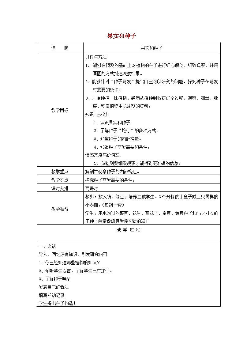 三年级科学下册第二单元植物的一生1果实和种子教案苏教版 (1)第1页