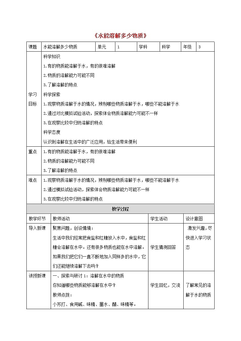 三年级科学上册第1单元水5水能溶解多少物质教案2教科版01