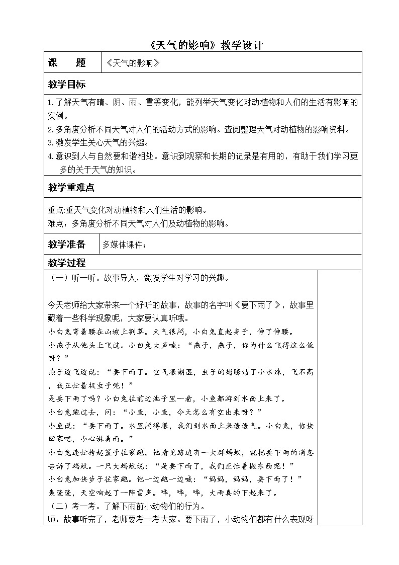 大象版（2017秋）二年级上册科学第一单元2.《天气的影响》教学设计01