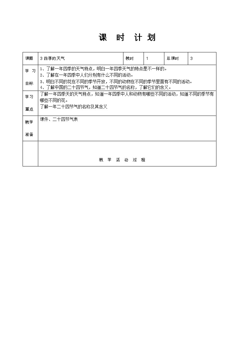 苏教版（2017秋）科学二年级上册第一单元3、四季的天气 教案01