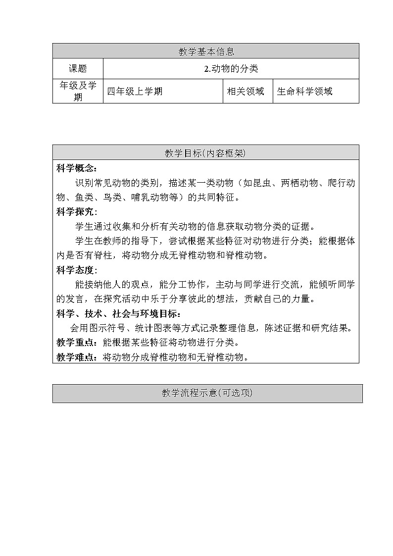 新人教鄂教版科学四上：1.2《动物的分类》教学设计01