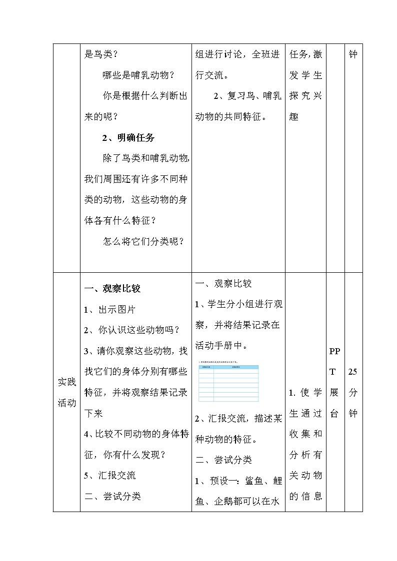 新人教鄂教版科学四上：1.2《动物的分类》教学设计03