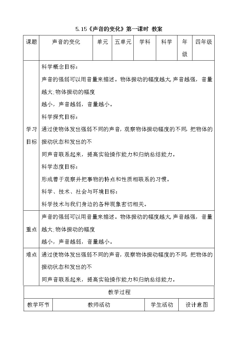 新人教鄂教版科学四上：5.15声音的变化（两课时） 教案01