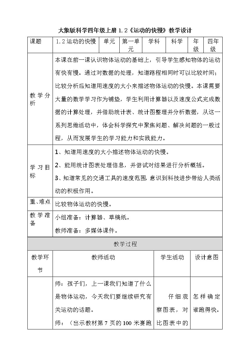 1.2运动的快慢  教学设计+反思01