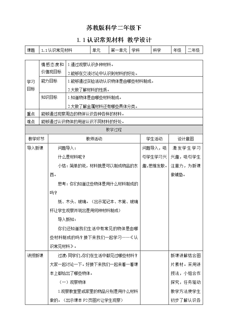 苏教版二年级下册 1.1 认识常见材料 PPT课件+教案+同步练习01