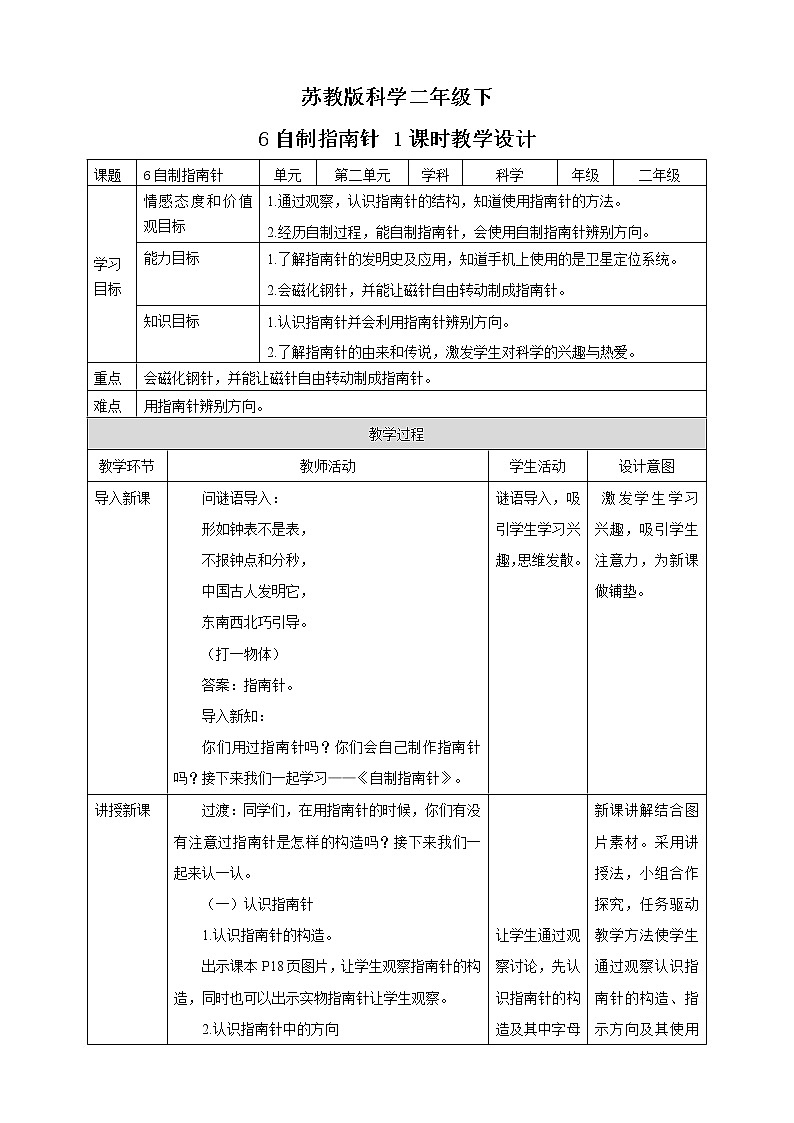 苏教版二年级下册 2.6 自制指南针 PPT课件+教案+同步练习01