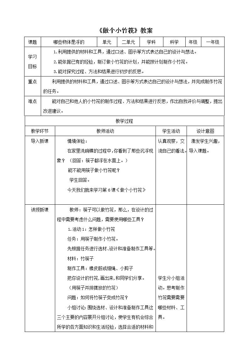粤教粤科版科学一年级下册：2.6《做个小竹筏》 课件PPT+教案+同步练习01