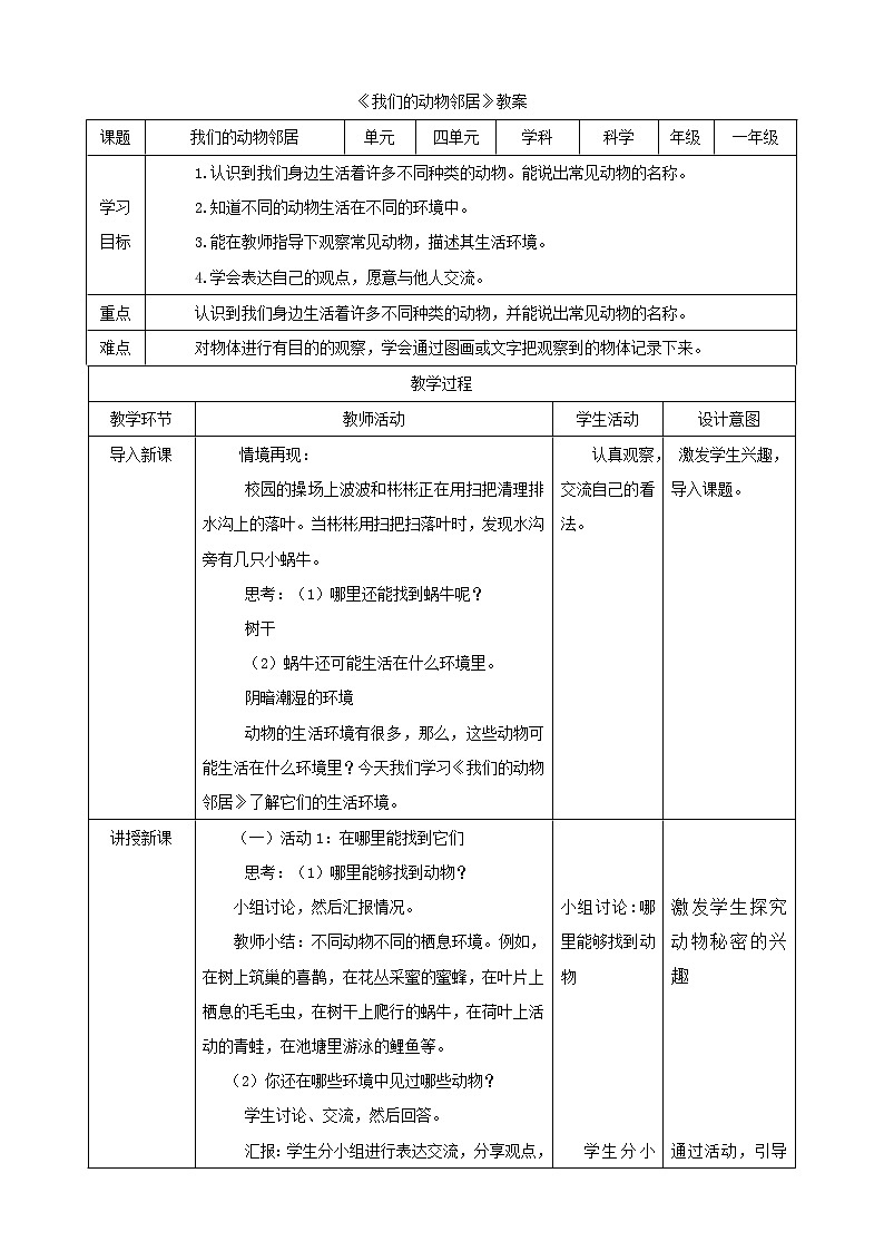 粤教粤科版科学一年级下册：4.12《我们的动物邻居 》课件PPT+教案+同步练习01