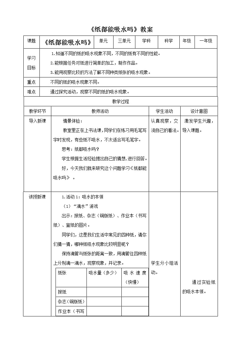 粤教粤科版科学一年级下册：3.9《纸都能吸水吗》课件PPT+教案+同步练习01