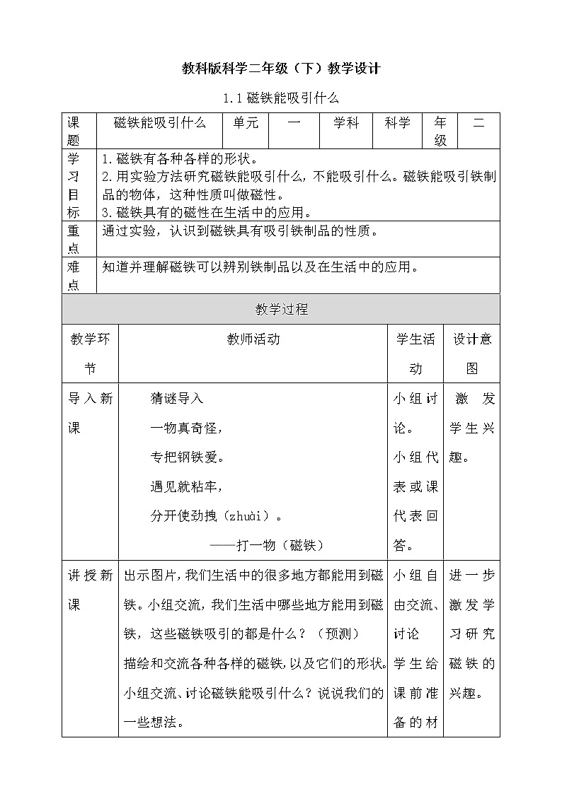 教科版科学二下全册教案（表格式）01