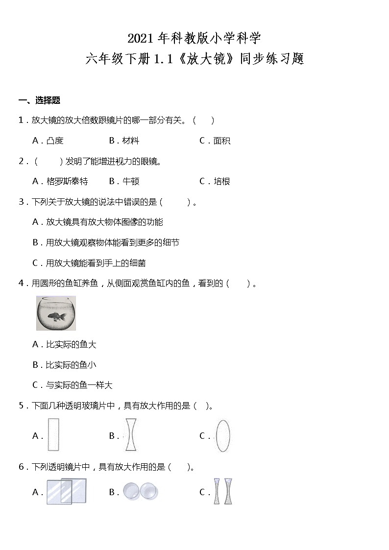 1.1《放大镜》同步练习题（含答案）教科版六年级下册01