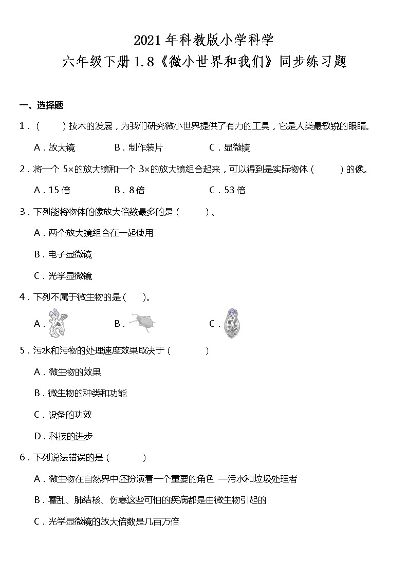1.8《微小世界和我们》同步练习题（含答案）教科版六年级下册01
