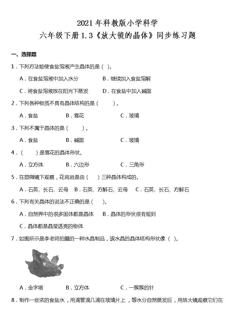 教科版科学六年级下册1.3《放大镜的晶体》同步练习题 试卷（含答案）01