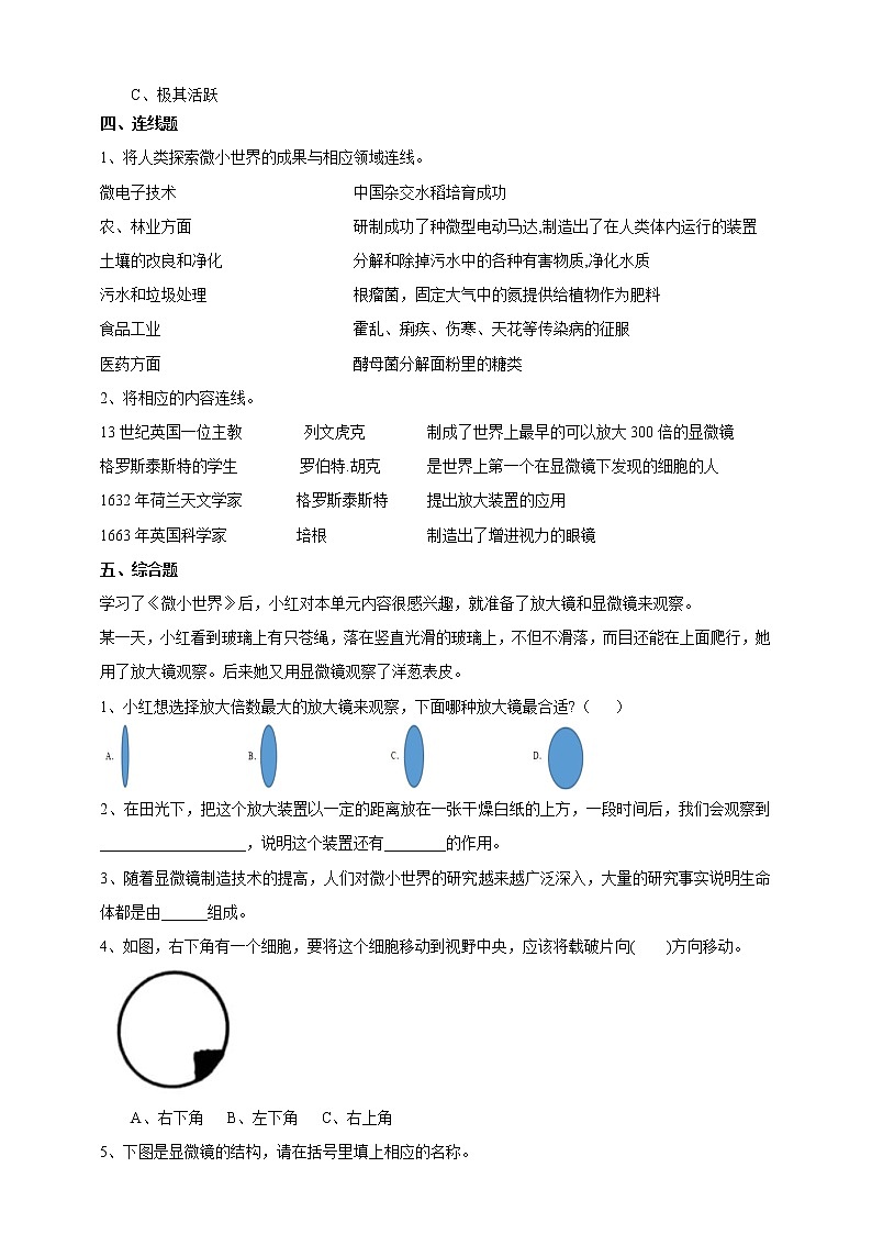 教科版科学六年级下册1.8《微小世界和我们》练习 试卷（含答案）02