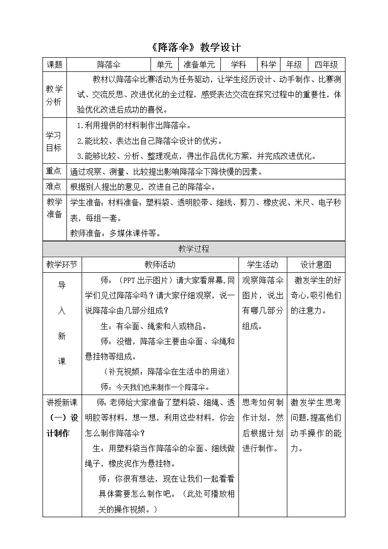 新大象版四年级下册科学准备单元 降落伞课件+教学设计+练习01