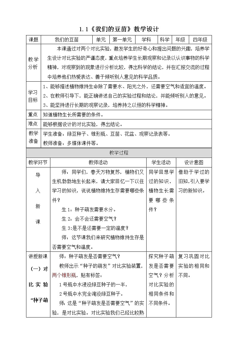 新大象版四年级下册科学1.1我们的豆苗 课件+教案+练习01