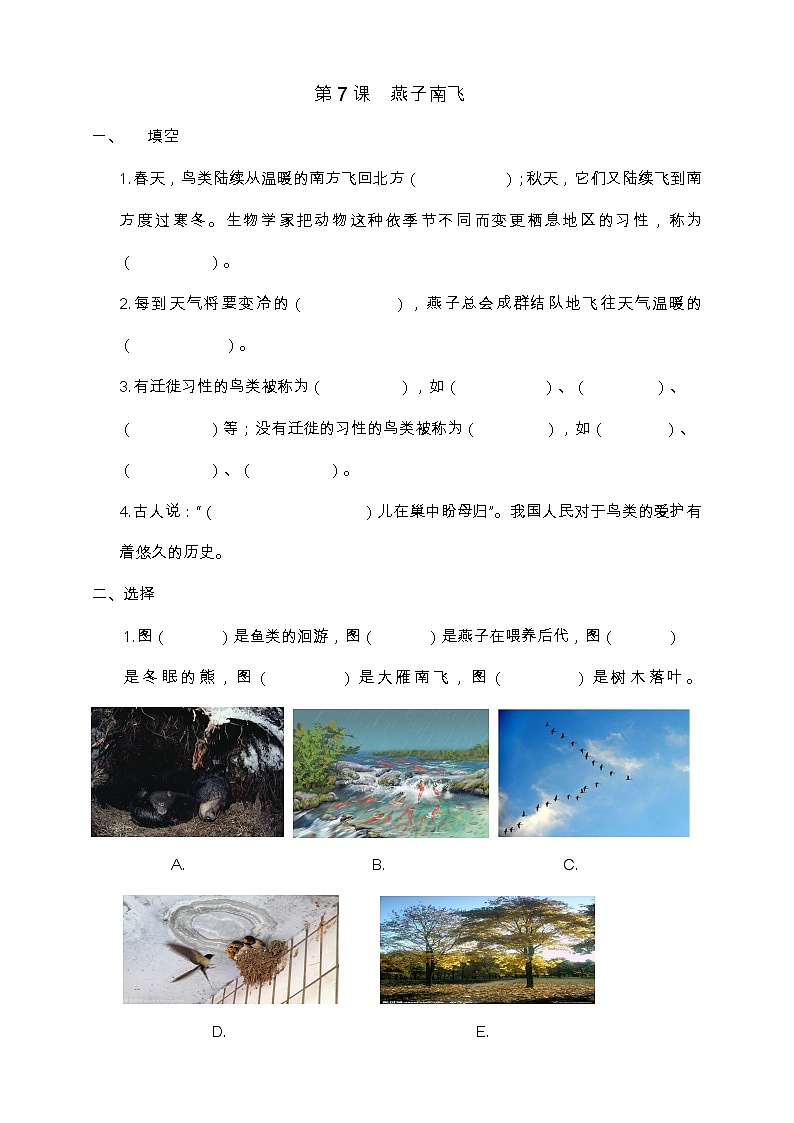 冀人版三年级下册科学2.7.燕子南飞  同步试卷（含答案）01
