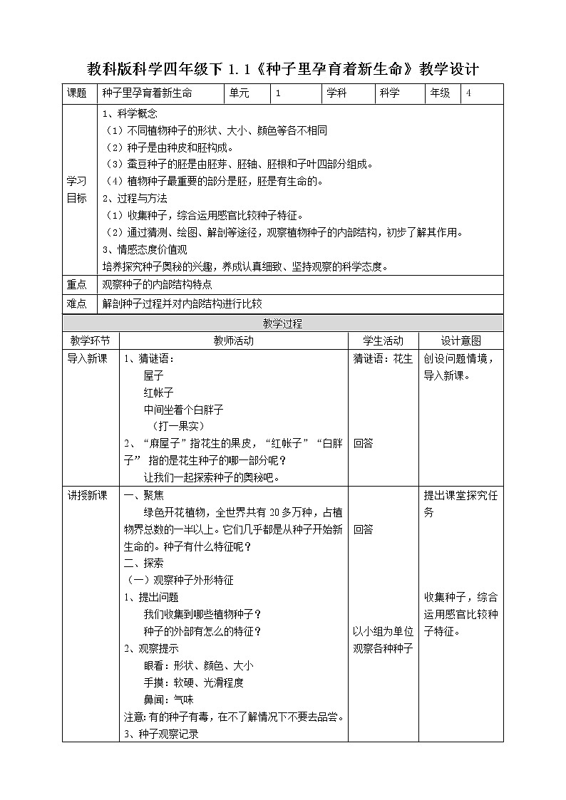 教科版（2017）四年级科学下册1.1《种子里孕育着新生命》课件+教案+视频01