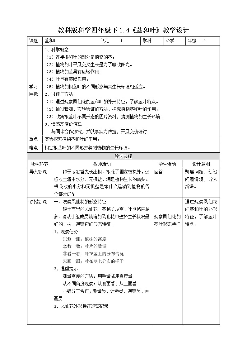 教科版（2017）四年级科学下册1.4《茎和叶》课件+教案+视频01