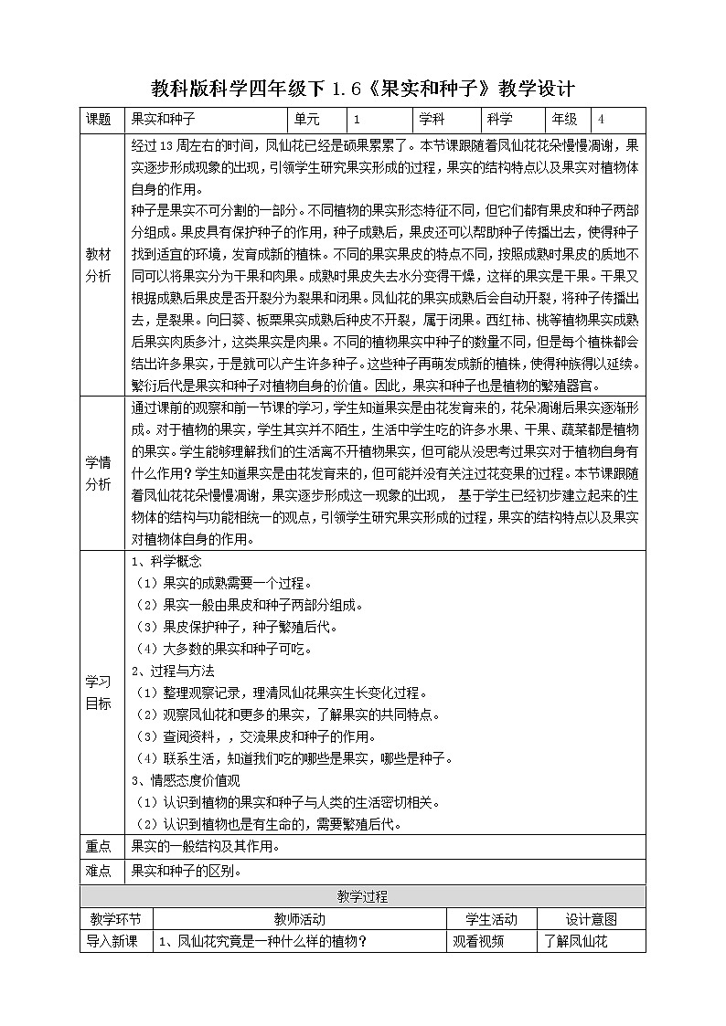 教科版（2017）四年级科学下册1.6《果实和种子》课件+教案+视频01
