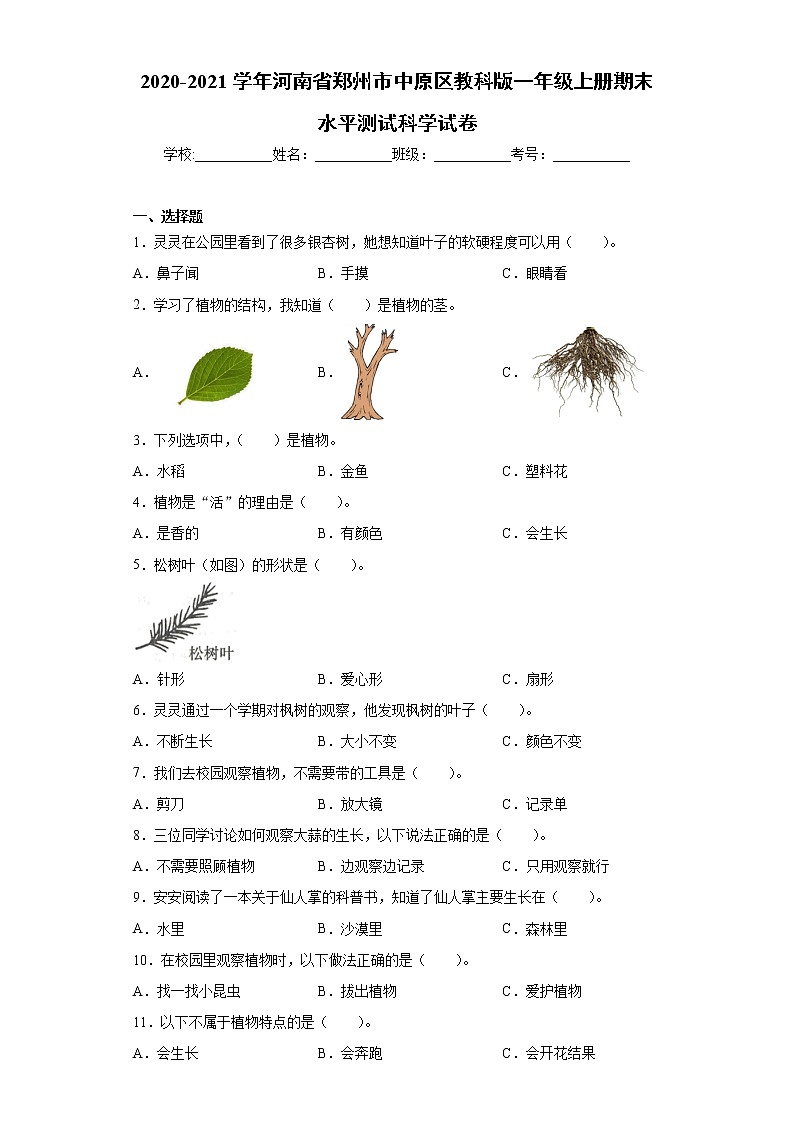 2020-2021学年河南省郑州市中原区教科版一年级上册期末水平测试科学试卷（word版 含答案）01