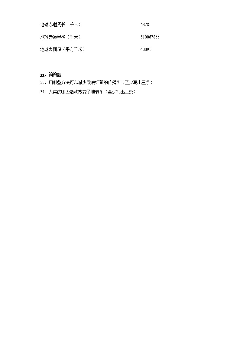 2020-2021学年辽宁省本溪市苏教版六年级上册期中质量检测科学试卷（word版 含答案）03