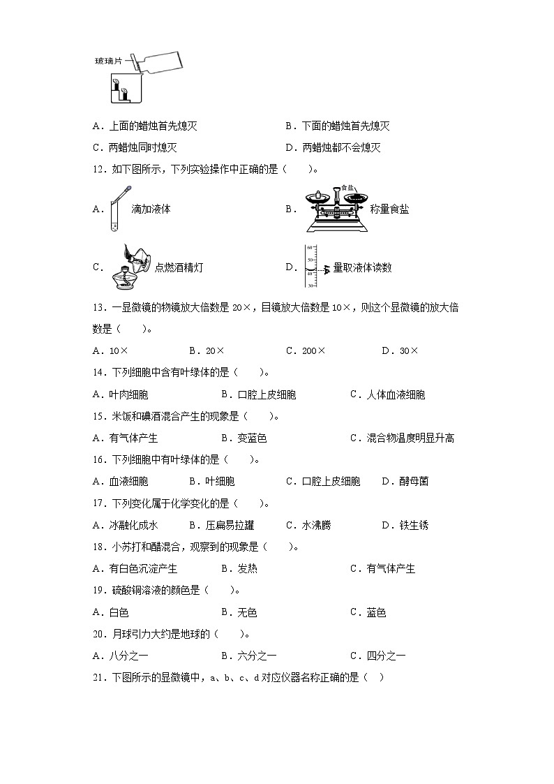 2020-2021学年浙江省金华市义乌市教科版六年级下册期中质量检测科学试卷（word版 含答案）02