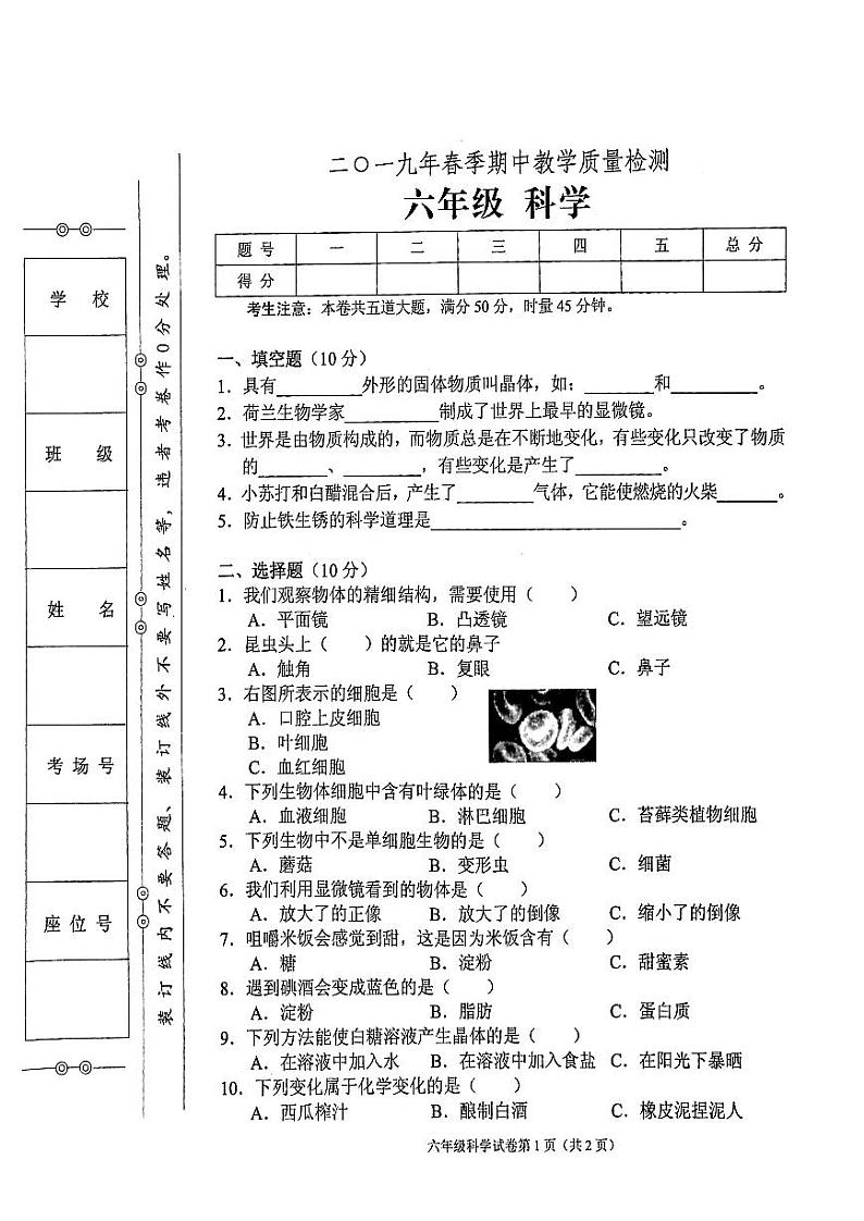 教科版六年级下册科学2019年春期中教学质量检测试卷（无答案）01