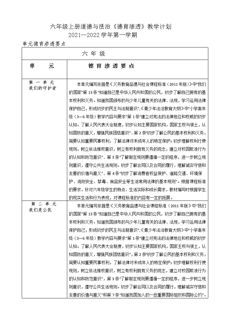 （2021秋）六年级上册道德与法治《德育渗透》教学计划01