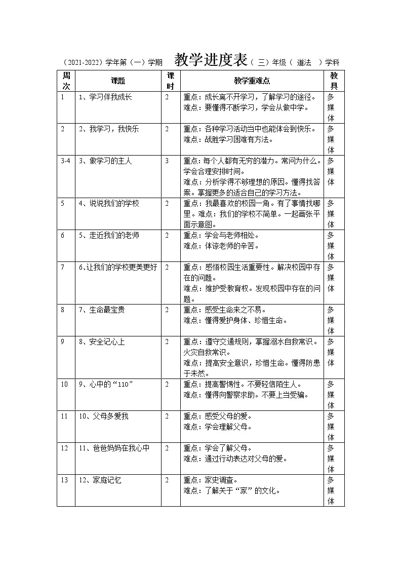 三年级上部编道德与法治教 学 进 度 表教案01