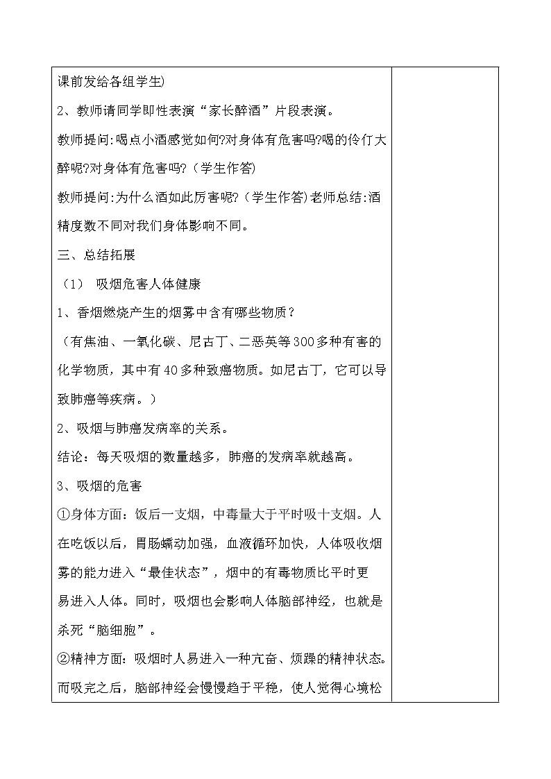 部编版 五年级上册道德与法治3.《主动拒绝烟酒与毒品》教学设计（表格式）02
