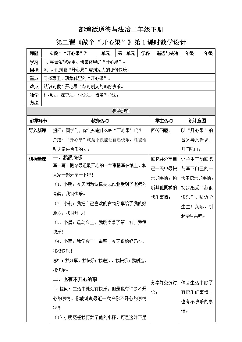 2021年部编版二年级下册《做个“开心果”》第1课时教案第1页