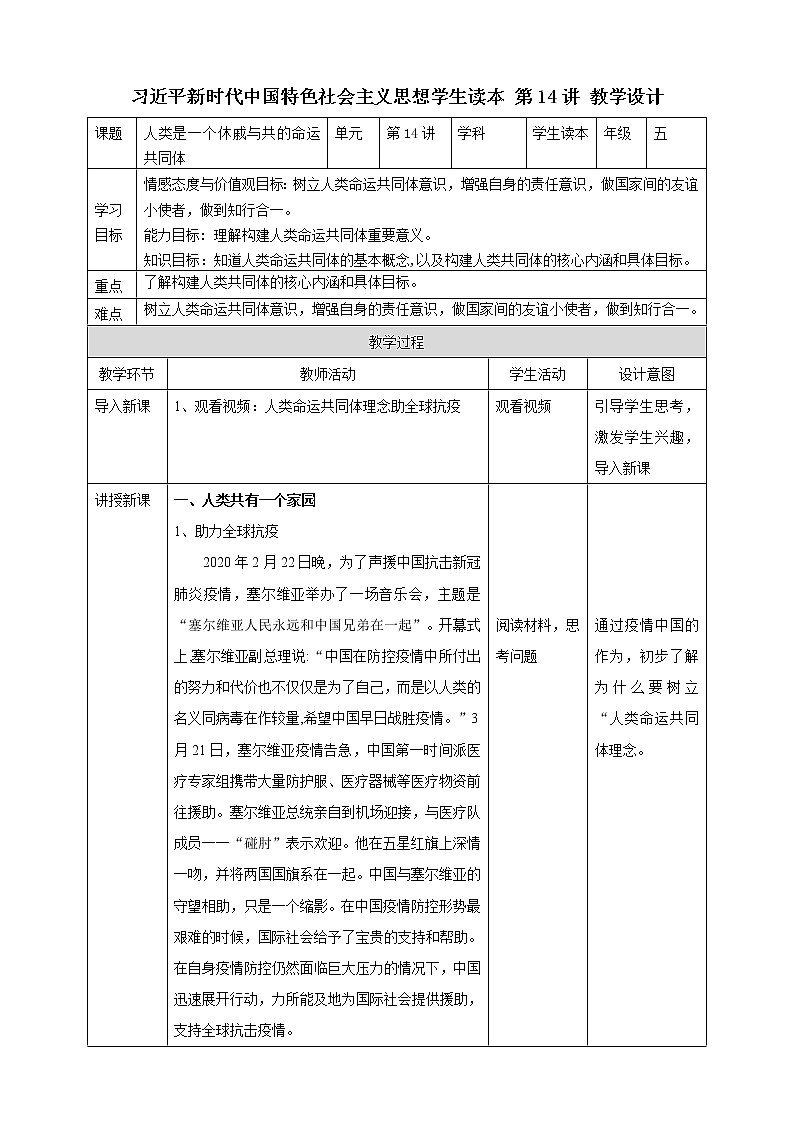 习近平新时代中国特色社会主义思想学生读本( 小学高年级）第14讲 人类是一个休戚与共的命运共同体(课件+教案)01