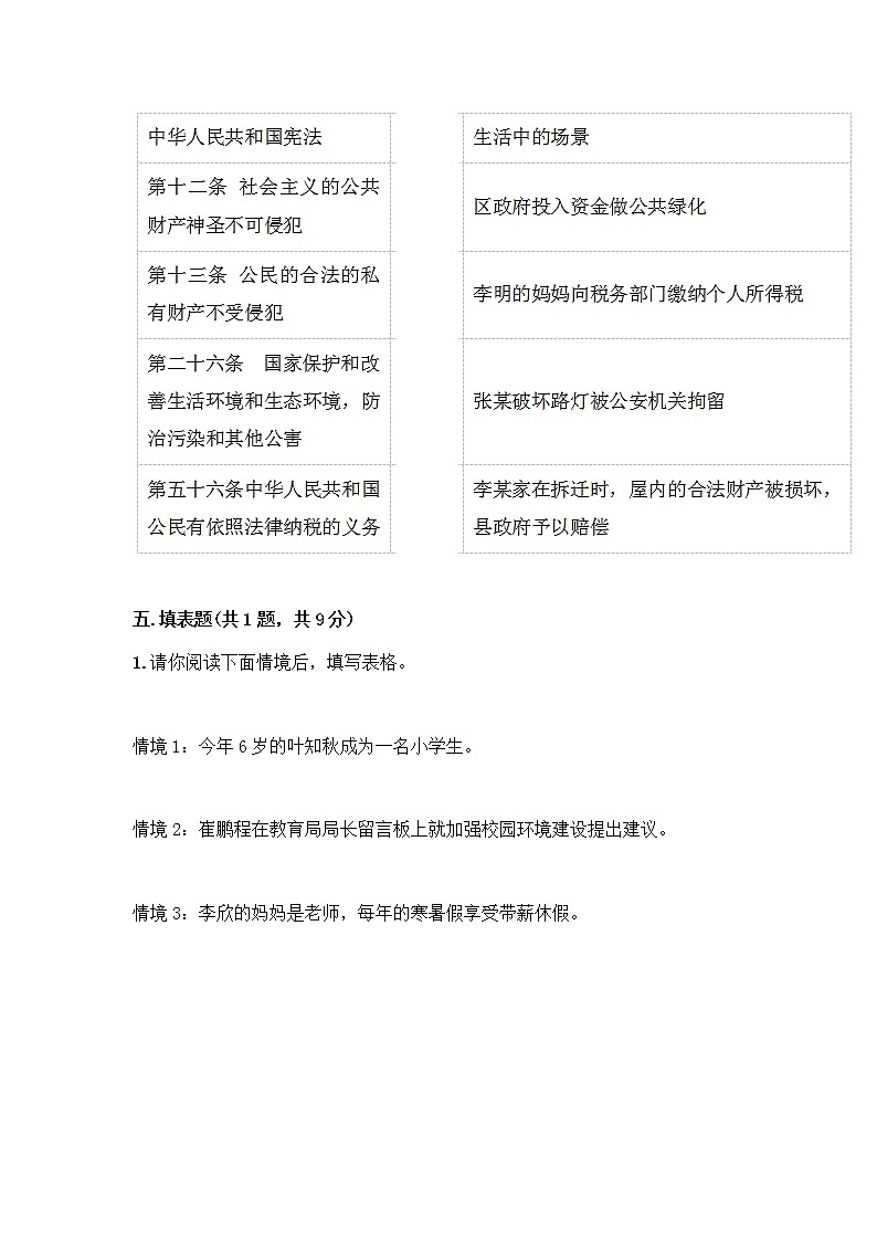 部编版六年级上册道德与法治期末测试卷及参考答案（黄金题型）03