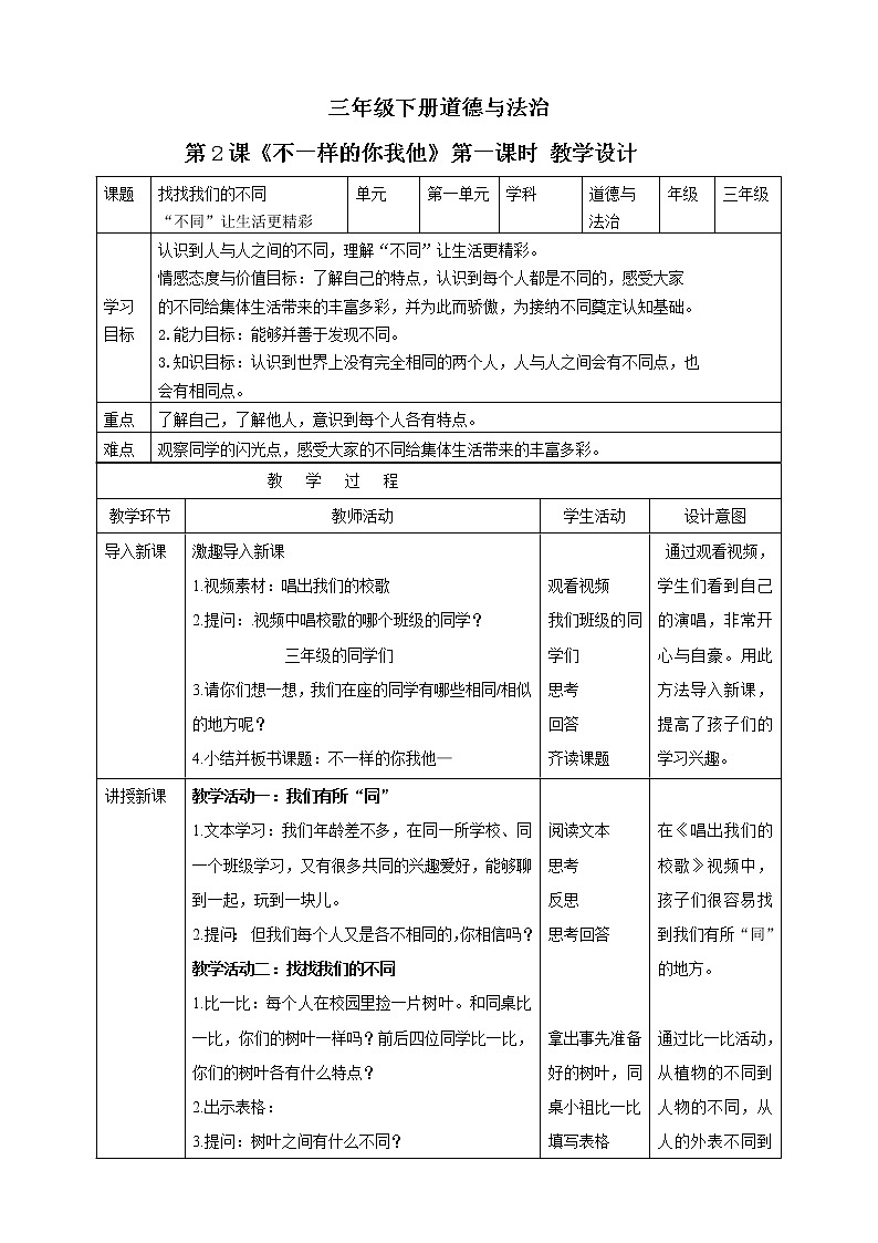 第2课《不一样的你我他》PPT教学课件（第一课时） +素材+教案教学设计01