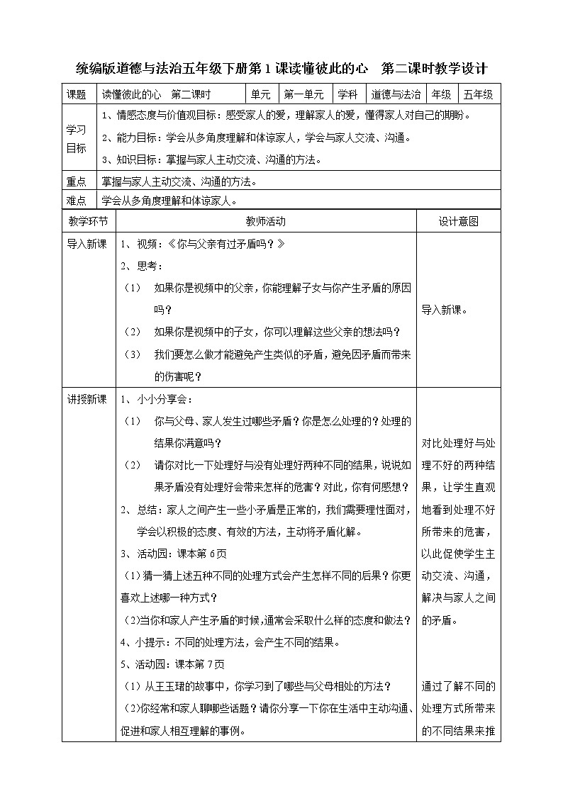 1读懂彼此的心  第二课时教案第1页
