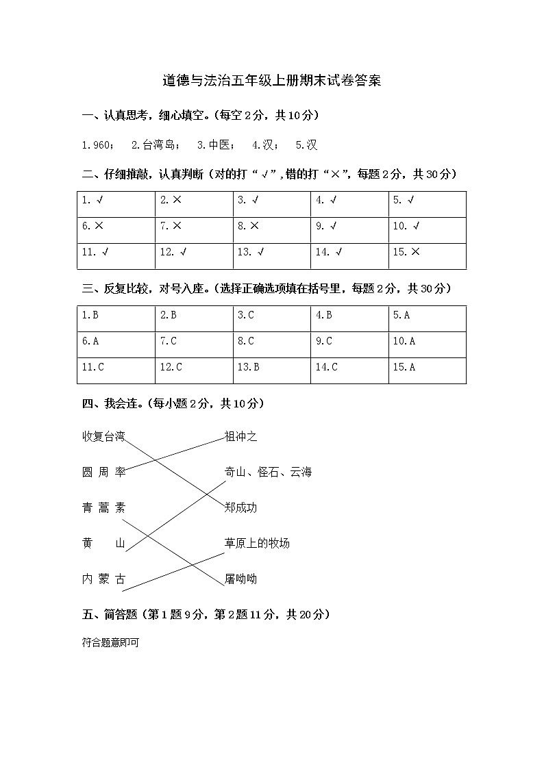 道德与法治五年级上册期末试卷答案第1页