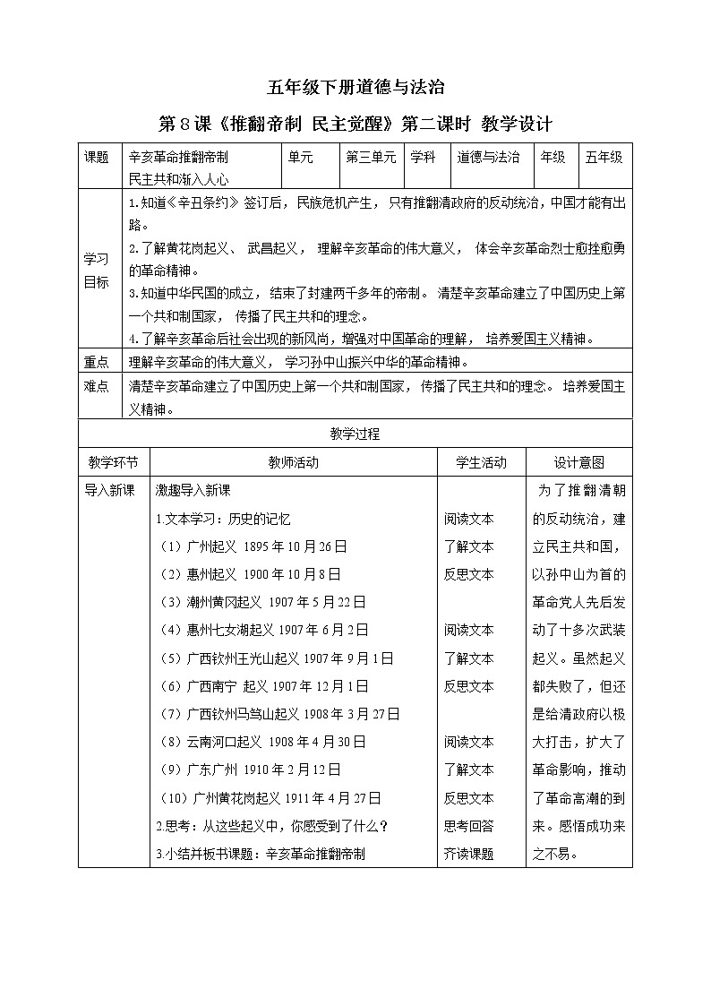 五年级下册道德与法治第8课《推翻帝制 民族觉醒》PPT教学课件（第二课时）+素材+教案教学设计01