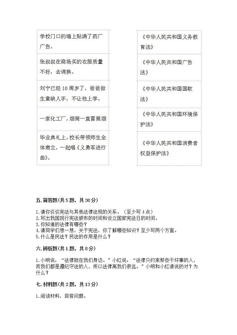 人教部编版  五年级下册第二单元 我们的守护者4感受生活中的法律 测试卷附参考答案（能力提升）第3页