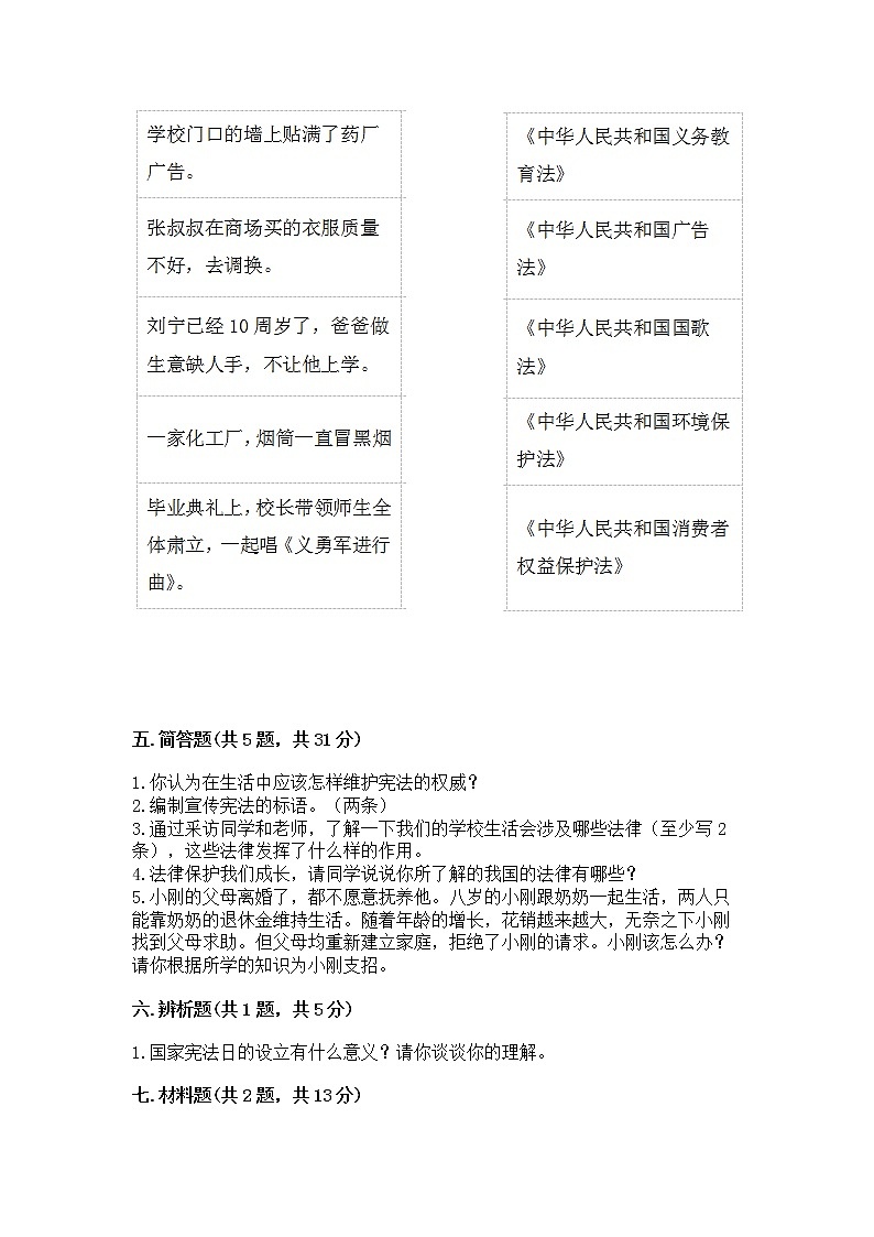 人教部编版  五年级下册第二单元 我们的守护者4感受生活中的法律 测试卷附参考答案【模拟题】第3页