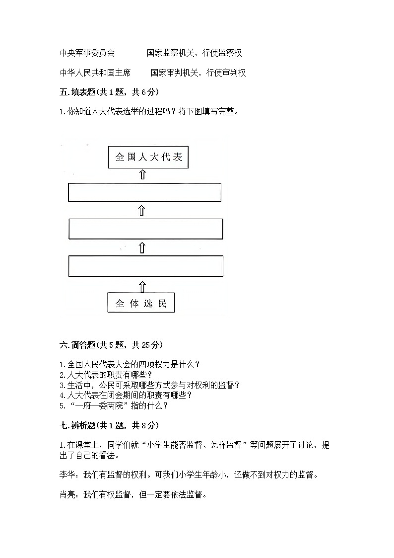 人教部编版  五年级下册第四单元 我们的国家机构 9 人大代表为人民测试卷及答案【必刷】第3页