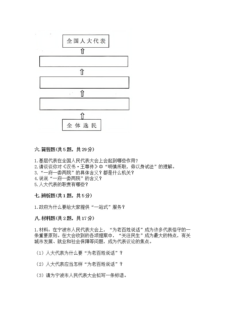 人教部编版  五年级下册第四单元 我们的国家机构 9 人大代表为人民测试卷及答案【精选题】第3页