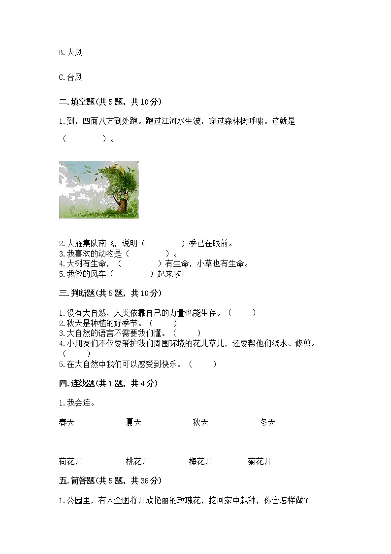 人教部编版  一年级下册第二单元 我和大自然 5 风儿轻轻吹 测试卷带答案（培优B卷）第2页