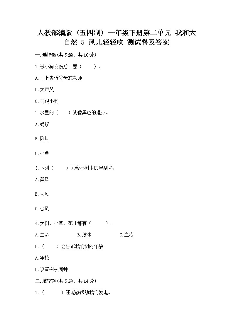 人教部编版  一年级下册第二单元 我和大自然 5 风儿轻轻吹 测试卷附参考答案（实用）第1页