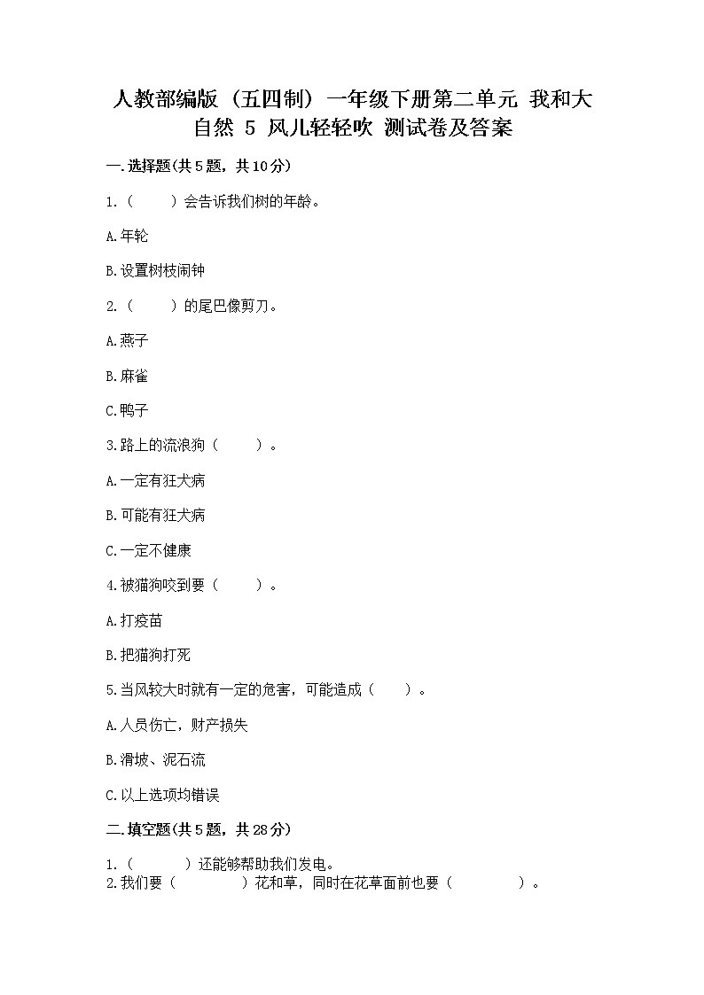 人教部编版  一年级下册第二单元 我和大自然 5 风儿轻轻吹 测试卷附参考答案【突破训练】第1页