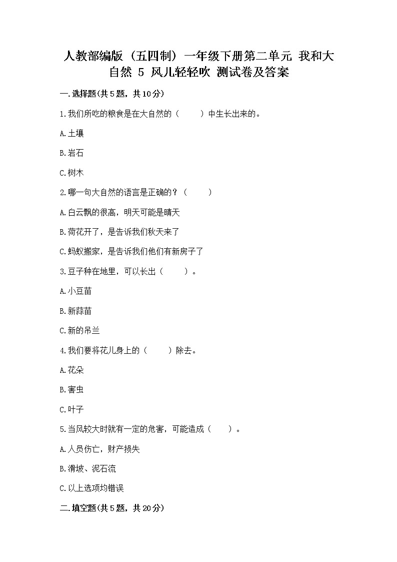 人教部编版  一年级下册第二单元 我和大自然 5 风儿轻轻吹 测试卷（实用）第1页