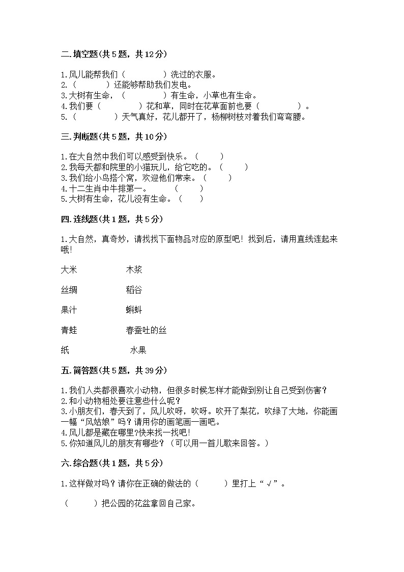 人教部编版 一年级下册第二单元 我和大自然 5 风儿轻轻吹 试卷附参考答案【实用】第2页