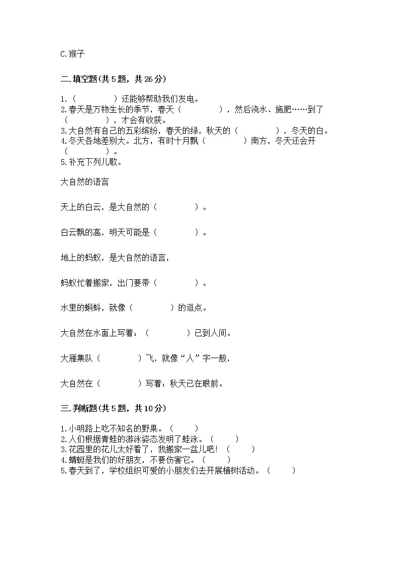 人教部编版  一年级下册第二单元 我和大自然 5 风儿轻轻吹 测试卷带答案（实用）第2页